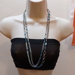 Extra Long Statement Necklace Silver Tone w/ Faux Turquoise Rhinestone Accents